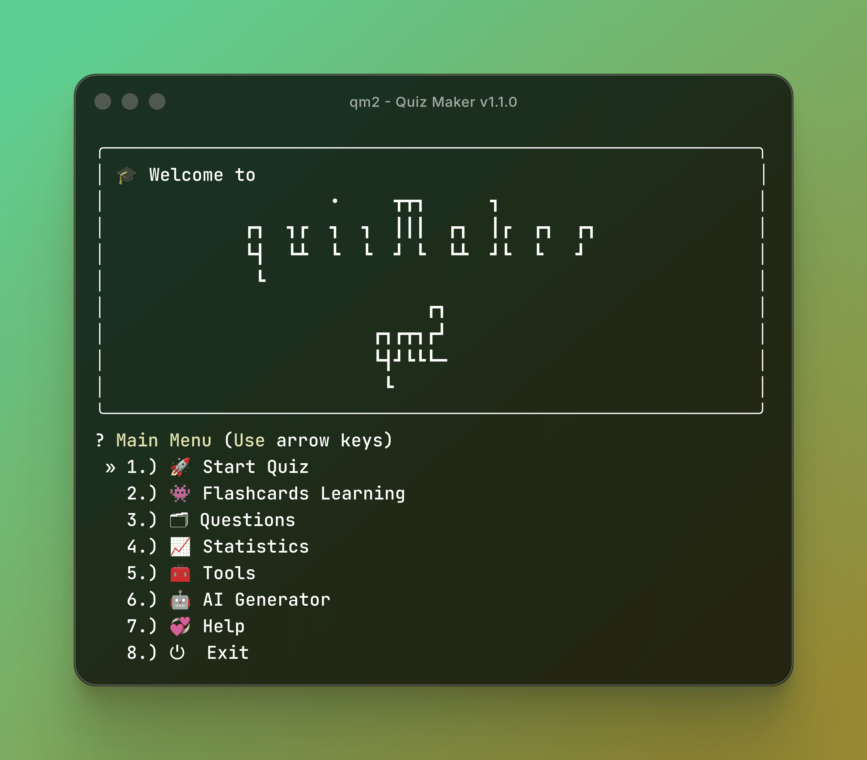 QM2 - Modern Python CLI Quiz Maker application main menu featuring ASCII art and interactive terminal UI on a green gradient background