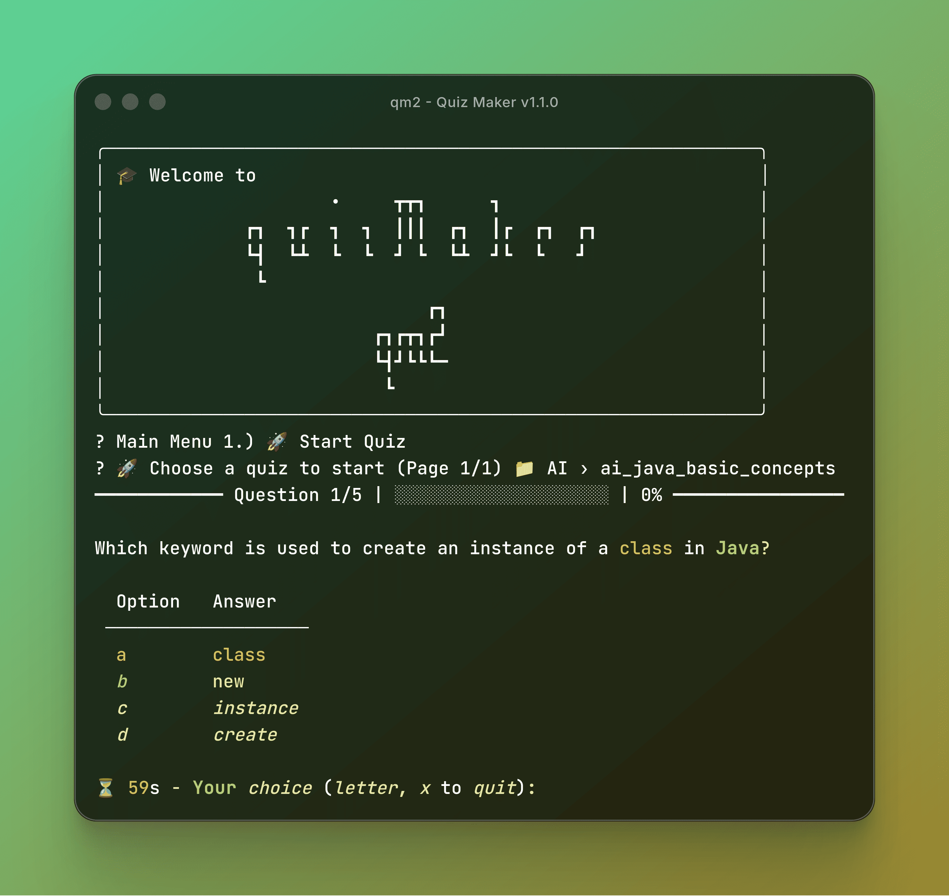 QM2 - Modern Python CLI Quiz Maker application main menu featuring ASCII art and interactive terminal UI on a green gradient background