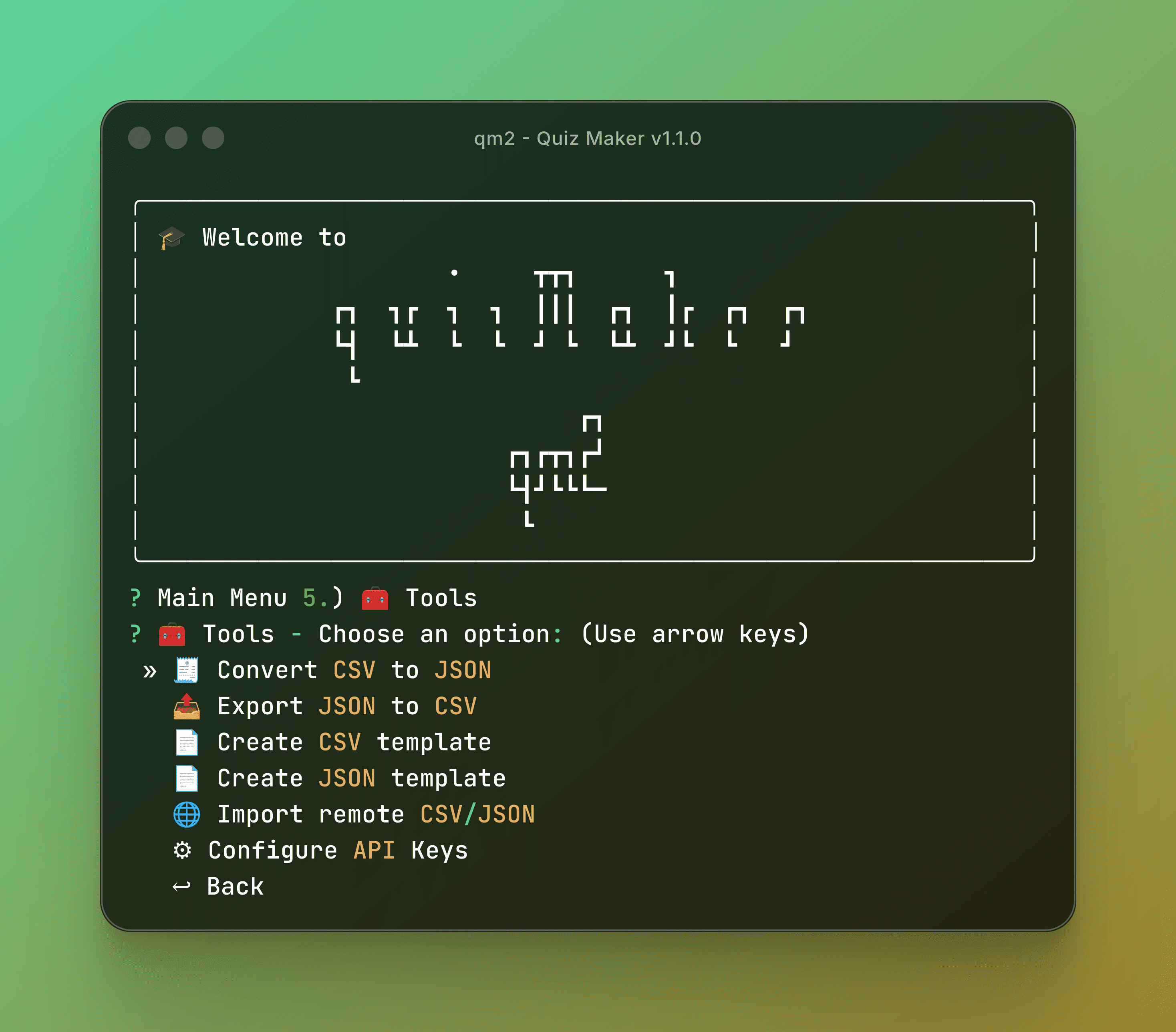 QM2 - Modern Python CLI Quiz Maker application main menu featuring ASCII art and interactive terminal UI on a green gradient background