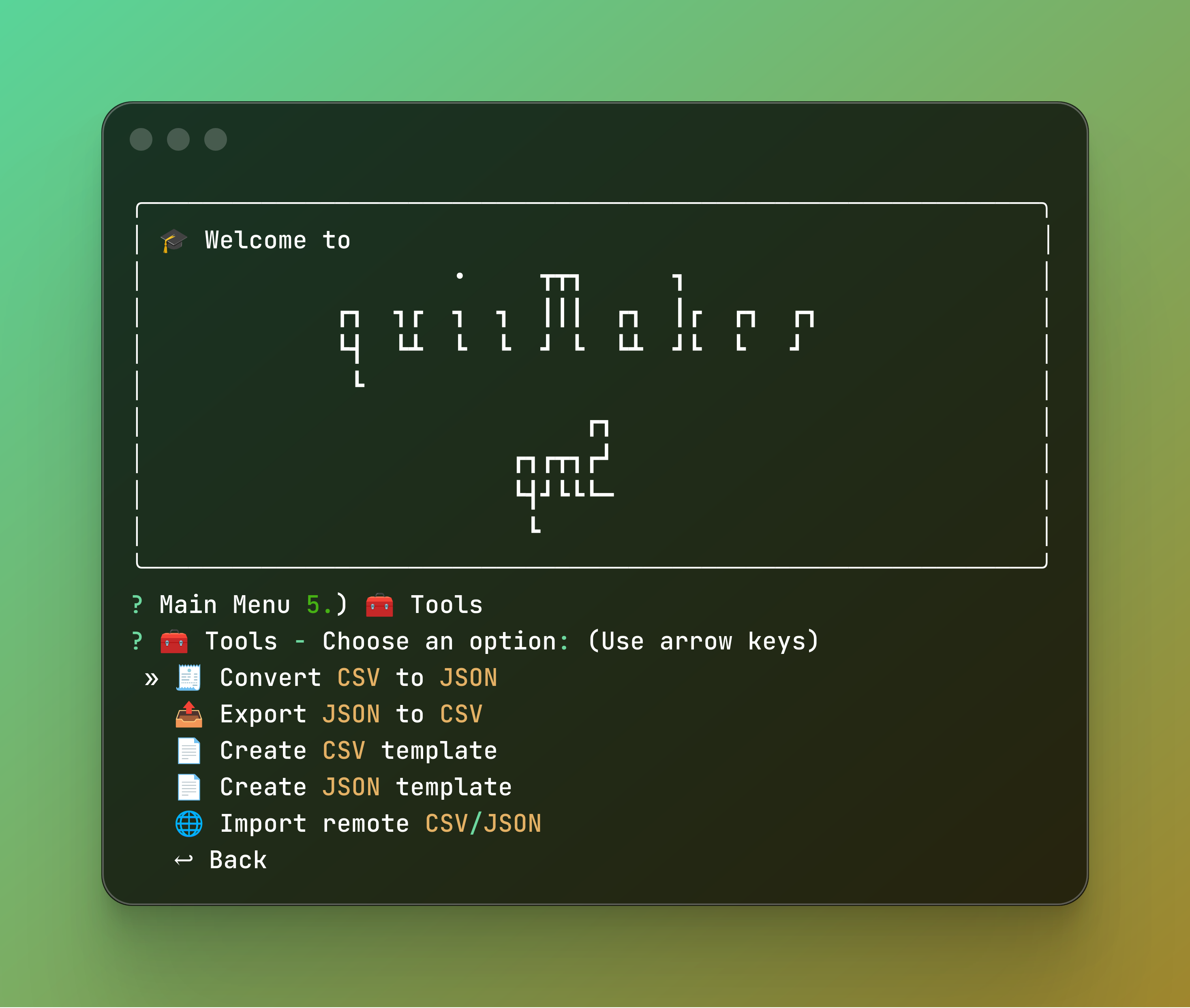 QM2 - Modern Python CLI Quiz Maker application main menu featuring ASCII art and interactive terminal UI on a green gradient background