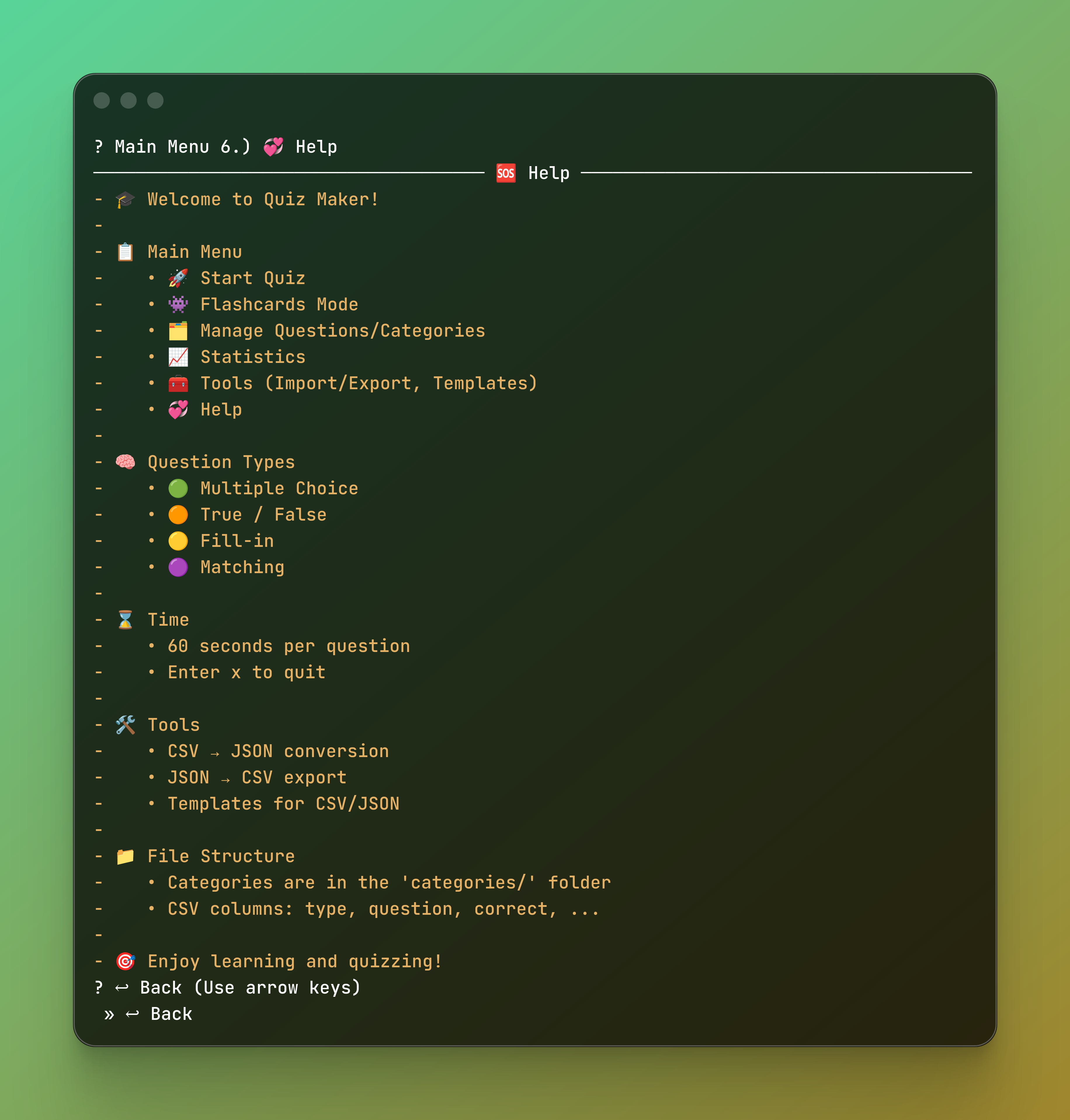 QM2 - Modern Python CLI Quiz Maker application main menu featuring ASCII art and interactive terminal UI on a green gradient background